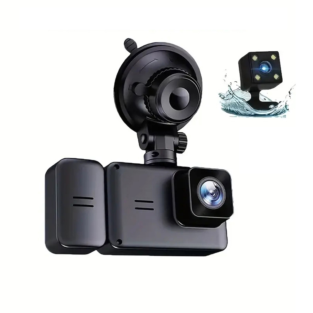 1080p Dvr Dashcam Für Autos, Innen- Und Frontansicht, 3 Linsen, 2-zoll-bildschirm, Parküberwachungsfunktionen, Loop-aufnahme Mit Antikollisionssperre Und Rückfahrbild.