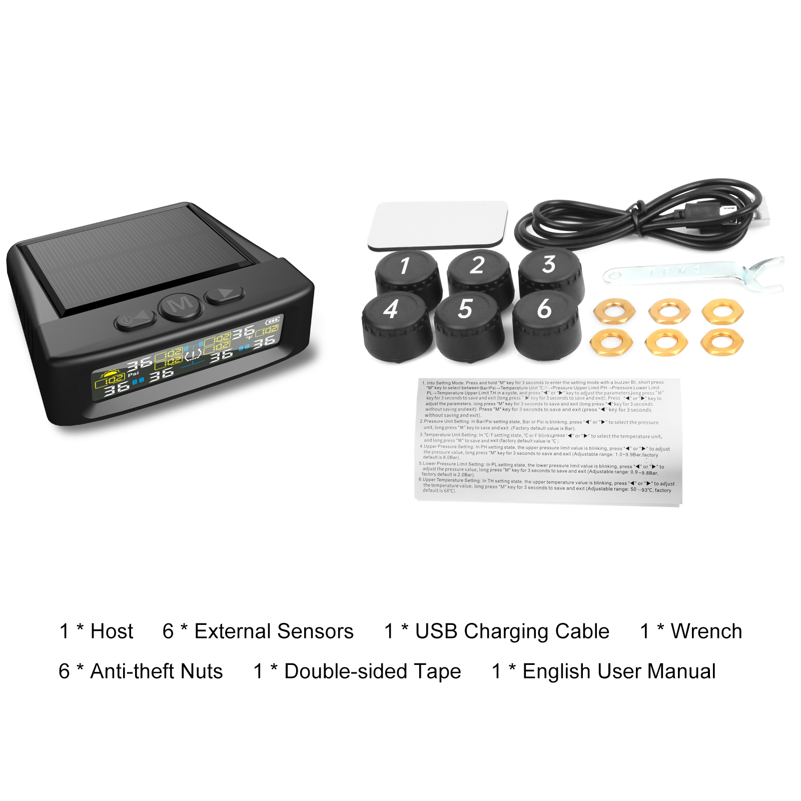 Reifendruckkontrollsystem, Drahtloser Solarmonitor Mit 6 Sensoren, Sofortalarm, Echtzeit-temperaturanzeige, Messbereich 0-9,9 Bar / 0-144 Psi Für Wohnmobile, Anhänger Und Lkw.