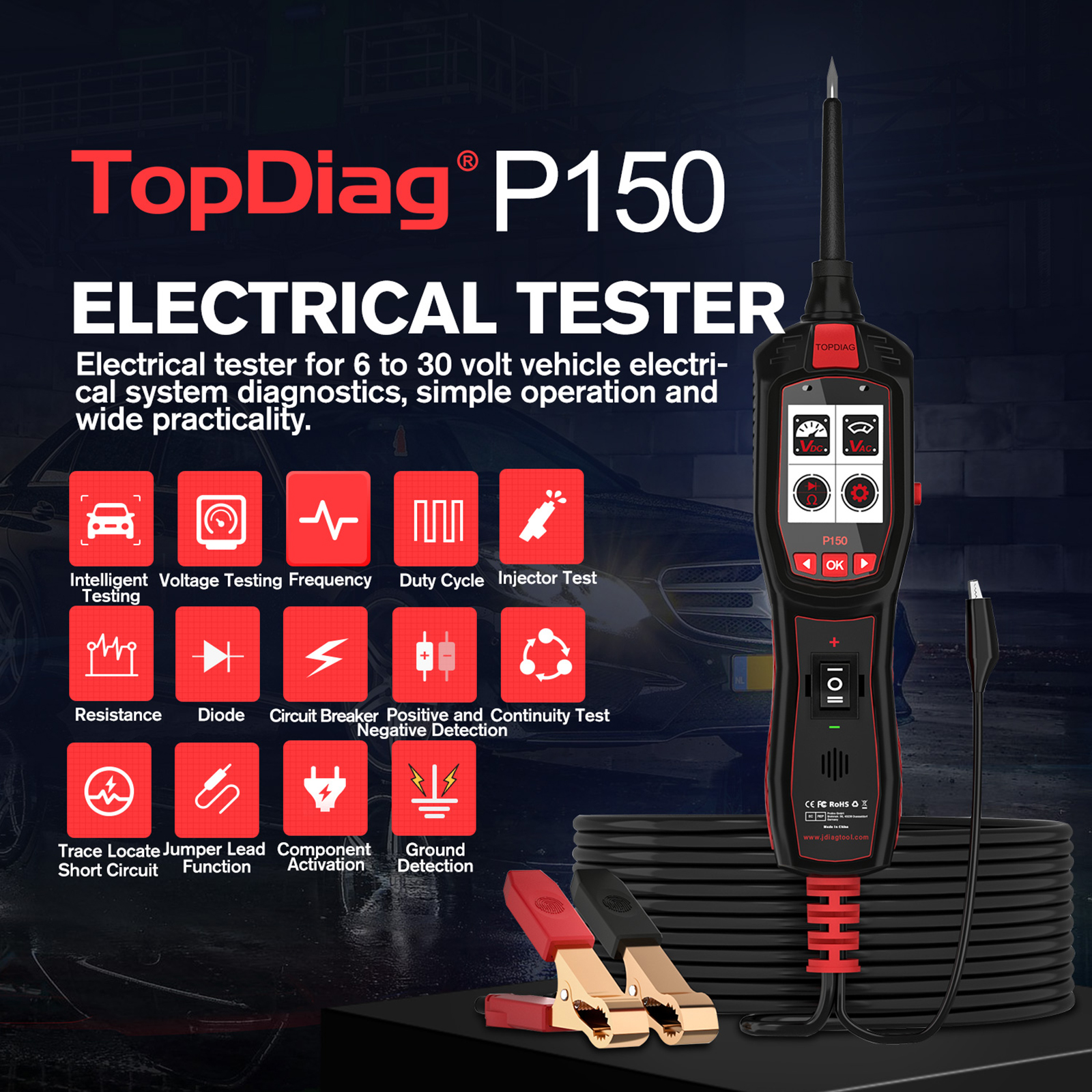 Topdiag P150 Kfz-tester: Kfz-elektrik, Kraftstoffeinspritzung, Signal-/frequenz-/tastverhältnis-/gleich-/wechselspannung-/widerstands-/diodenerkennung/intelligenter Test