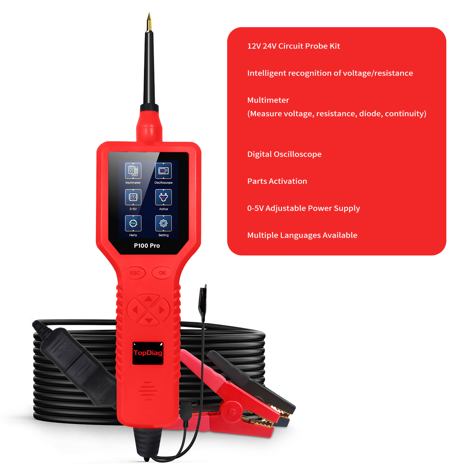 Topdiag P100 Pro 9-30v Kfz-schaltungstester, 12v/24v Prüfspitzenset, Multimeter, Digitaloszilloskop, Bauteilaktivierung, 0-5v Einstellbares Netzteil, In Mehreren Sprachen Erhältlich