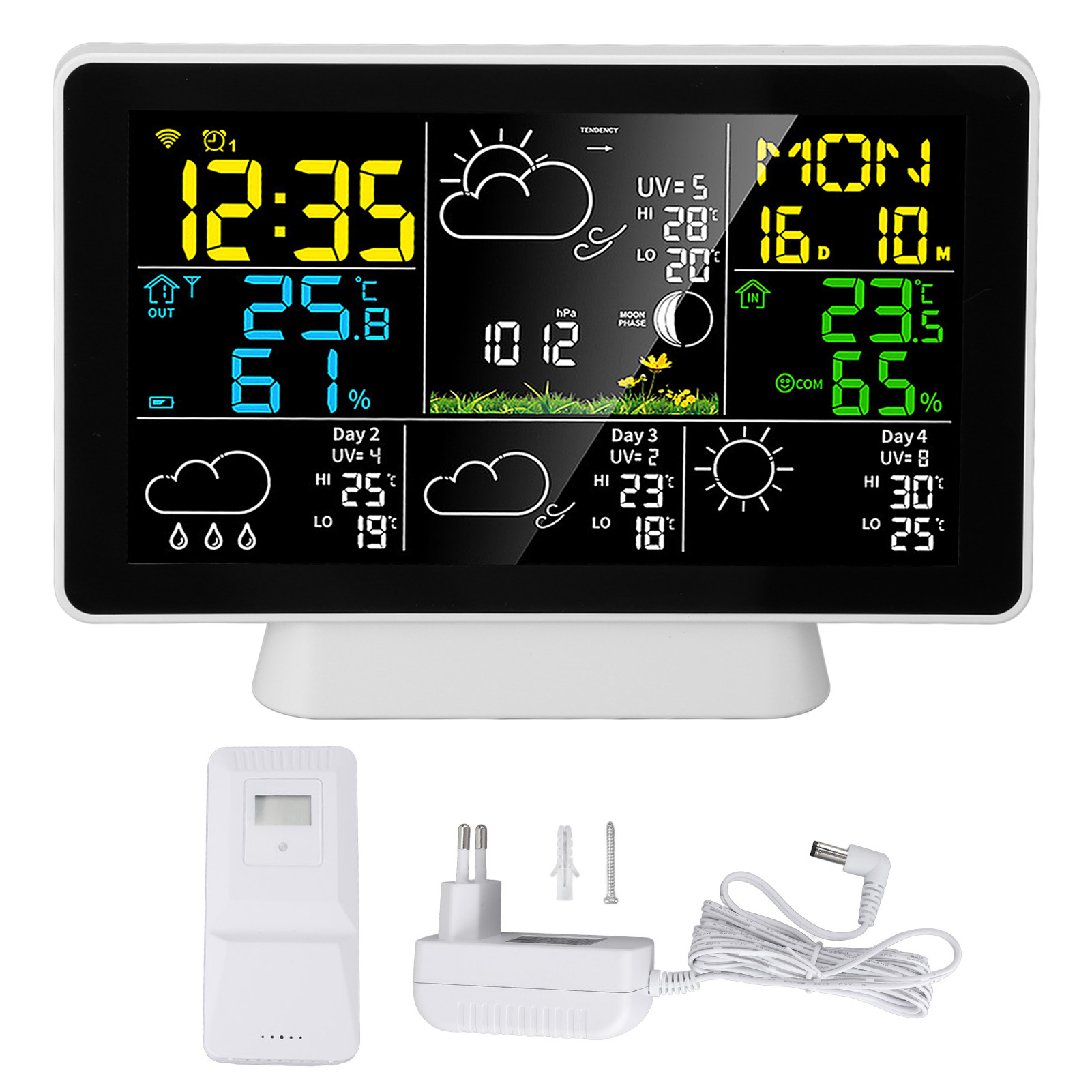 Intelligente Wetteruhr Mit 7,5-zoll-farbdisplay, Temperatur- Und Feuchtigkeitsalarm, Drahtlose Wetterstation Für Den Innen- Und Außenbereich, Eu-stecker