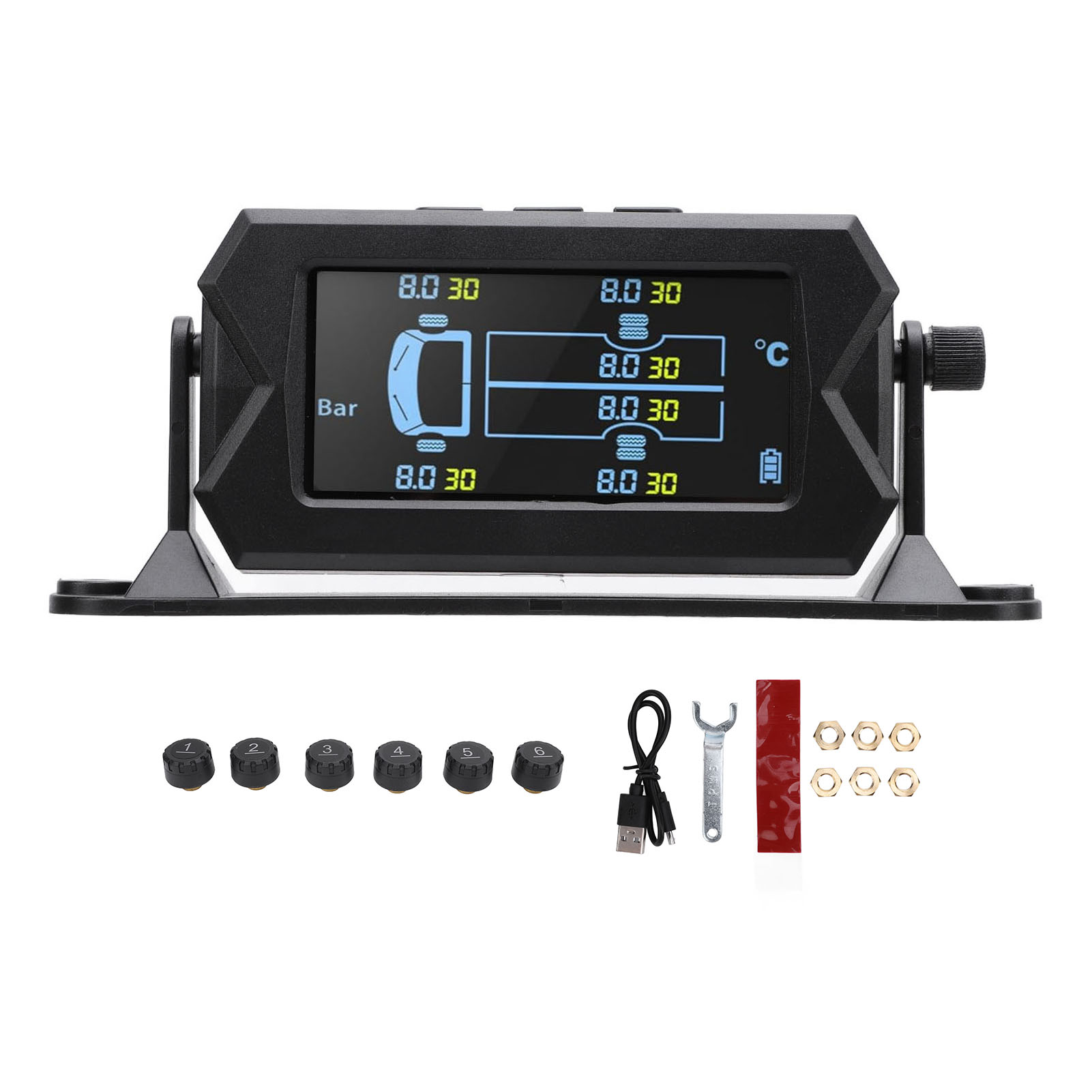 Reifendruckkontrollsystem (rdks) Mit Echtzeitanzeige Und Temperaturanzeige, Solarbetrieben, Für Wohnmobile, Wohnwagen Und Lkw. 6 Sensoren, Maximaler Druck 8 Bar, Messbereich: 0 Bis 116 Psi.