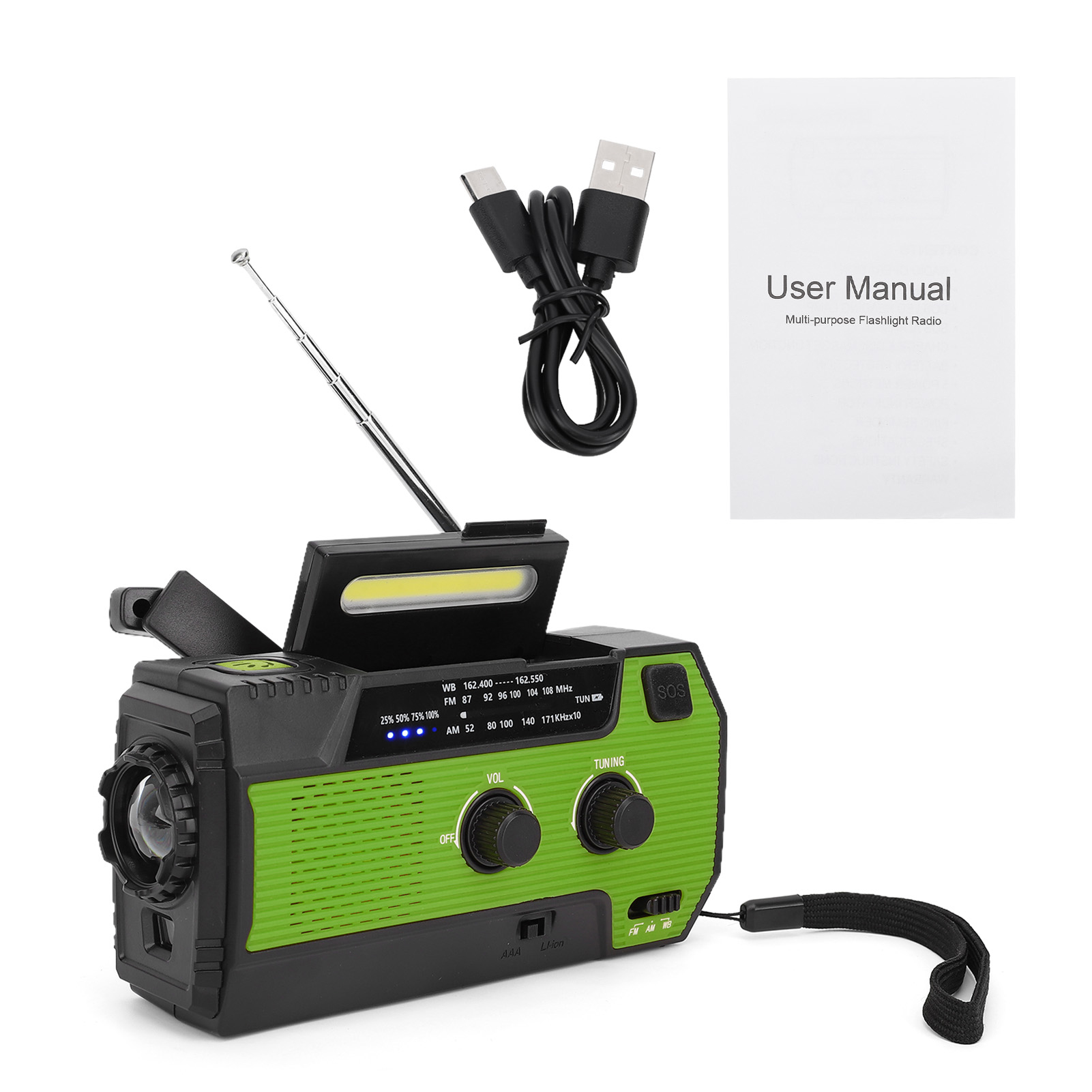 Tragbares, Solarbetriebenes Kurbelradio Für Notfälle Im Freien Mit Usb-ladefunktion Und Sos-alarm, Grün – Us-version, 4000 Mah