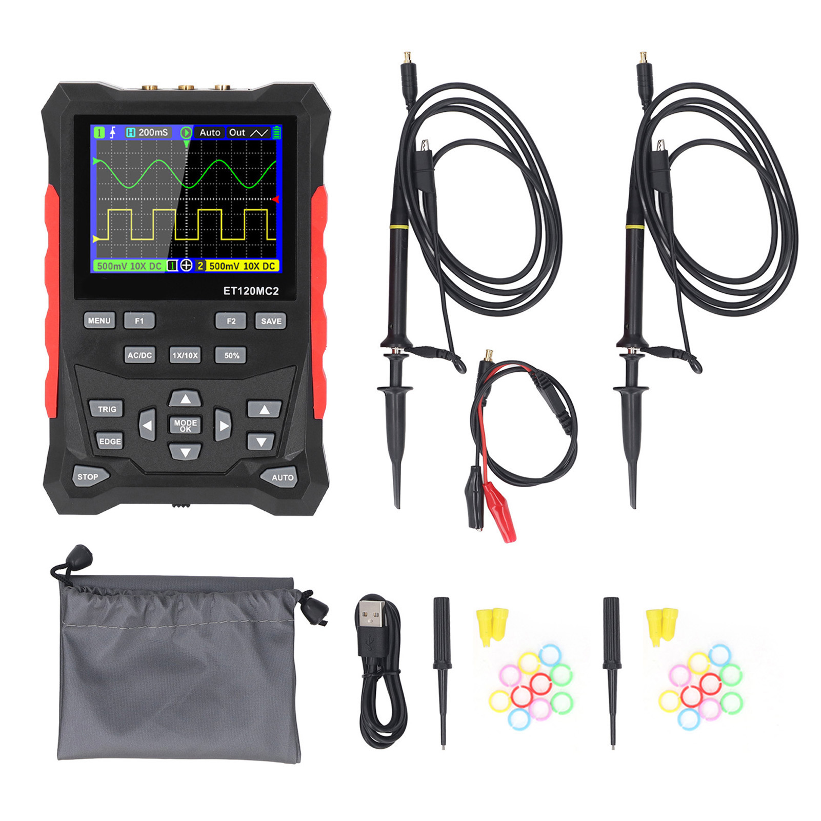 Tragbares 2-kanal-oszilloskop, 120 Mhz Bandbreite, 500 Msa/s Abtastrate, 2,4-zoll-tft-bildschirm Mit 1-10x-tastkopf