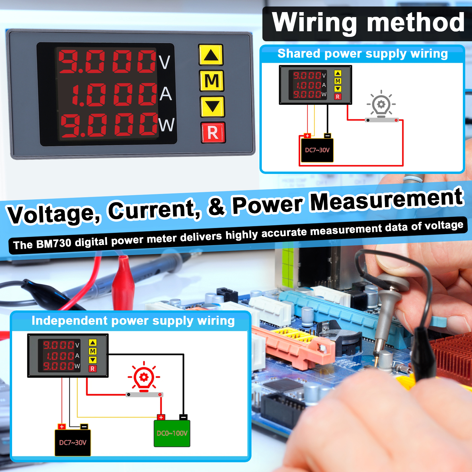 Bm730 3-in-1 Voltmeter, Strom-, Leistungs-, 4-stelliges Digitalvoltmeter, Multifunktionsamperemeter Mit Summer, Ständer Und Feineinstellung Der Anzeige