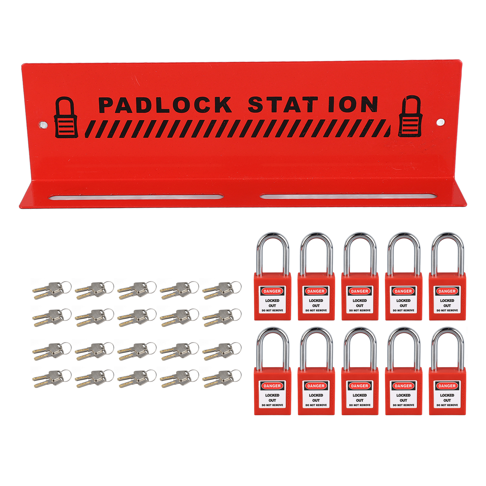 Sicherheitsschlossstation Aus Rotem Stahl Für Das Rack-management Mit 10 Schlüsselschlössern Für Den Fall Eines Stromausfalls In Der Industrie.