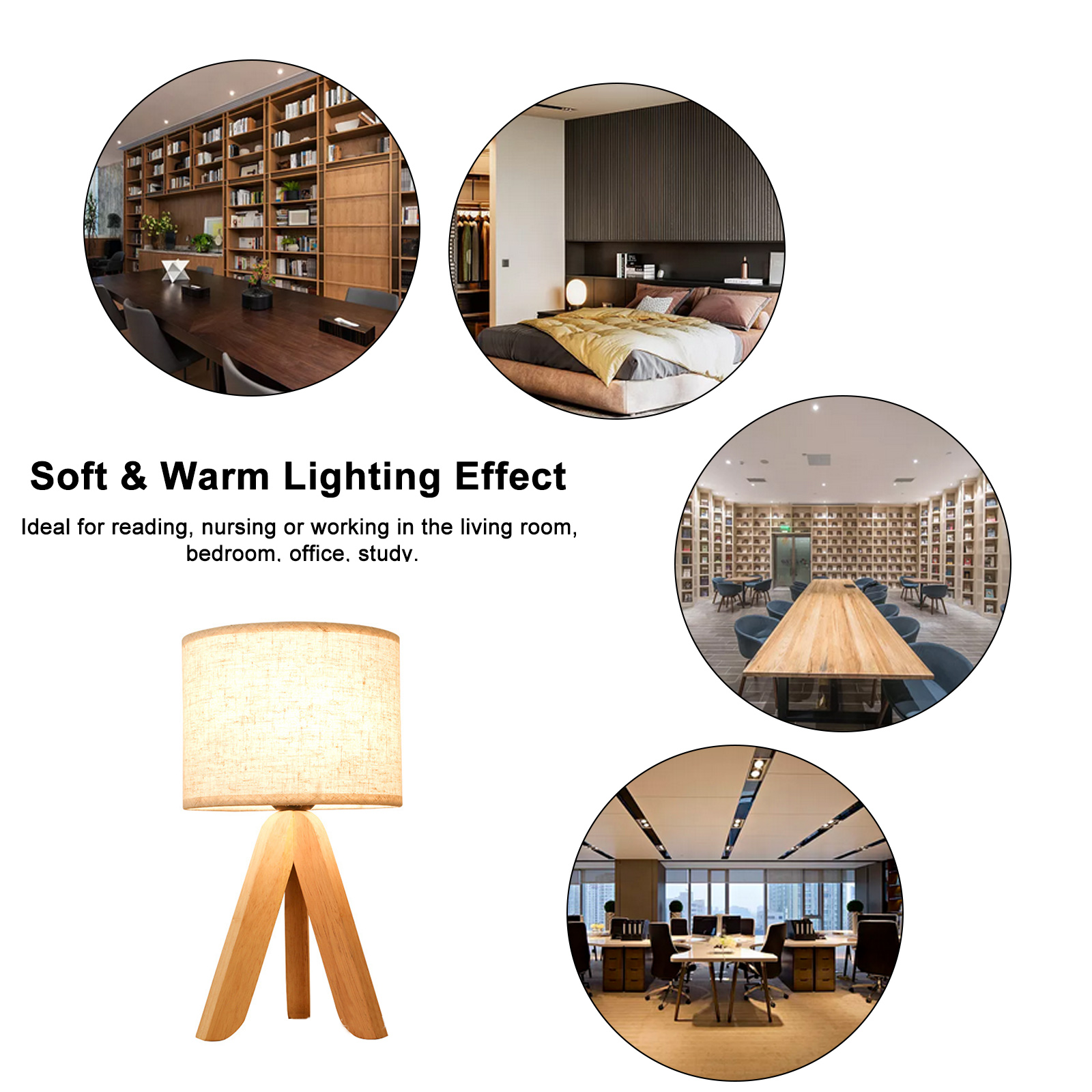 Led-nachttischlampe Aus Holz, Dreibeinfuß, Lampenschirm Aus Vintage-leinen, E27-fassung (leuchtmittel Nicht Enthalten), Für Schlaf- Oder Wohnzimmer