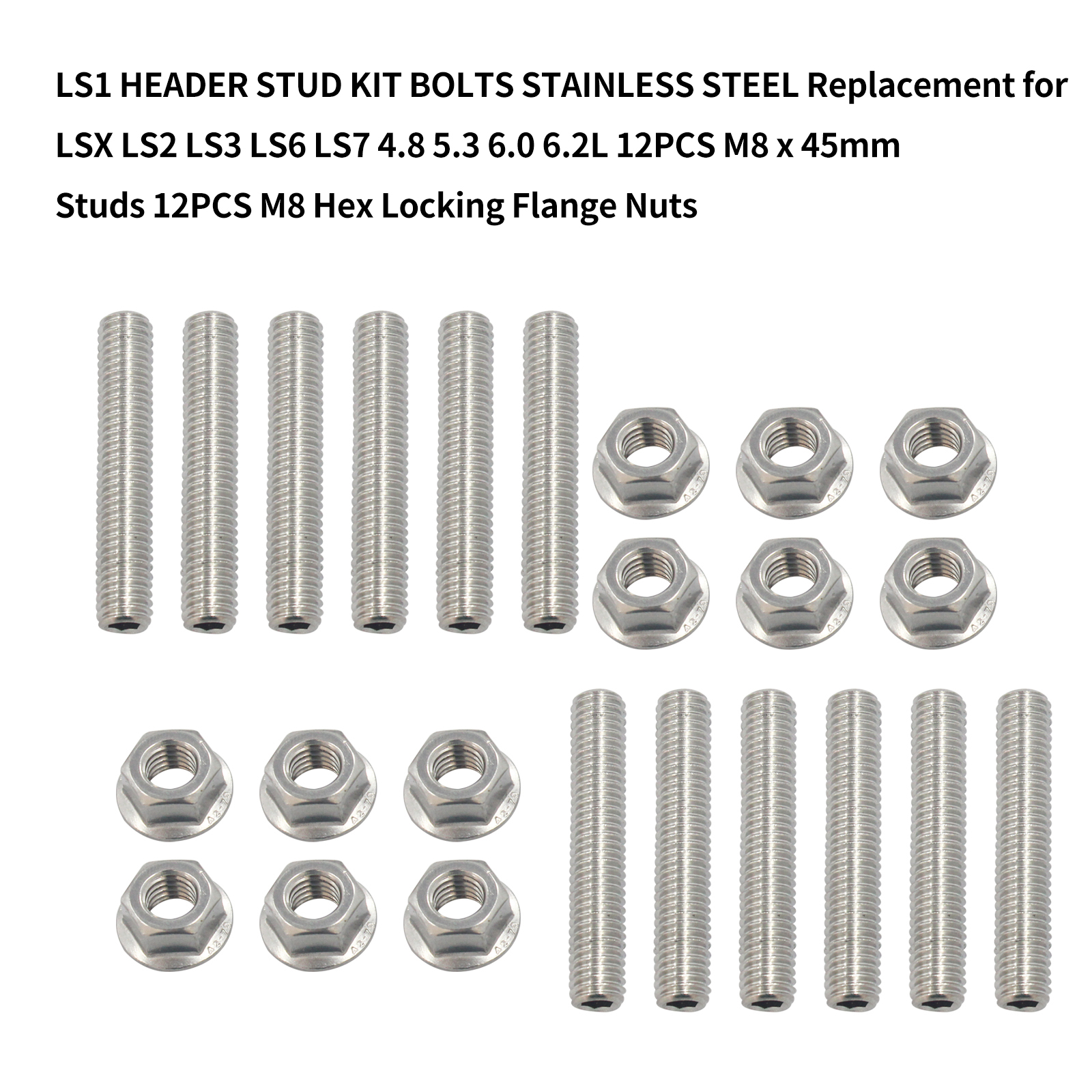 Ls1 Krümmerbolzen-set, Edelstahlbolzen, Ersatz Für Lsx, Ls2, Ls3, Ls6, Ls7 4,8, 5,3, 6,0, 6,2 L, 12 Stück, M8 X 45 Mm Bolzen, Selbstsichernde Sechskant-flanschmuttern