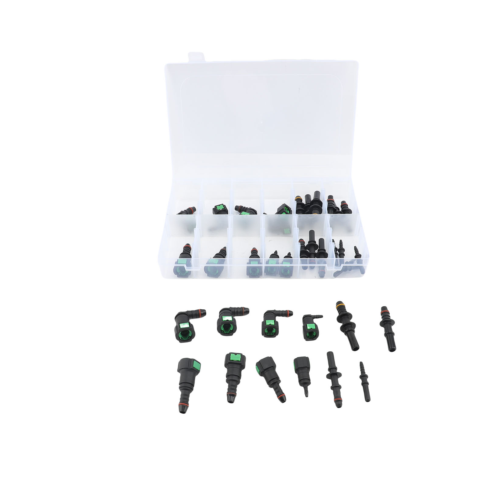 36-teiliges Kraftstoffleitungsreparaturset, Verschiedene Schnellkupplungen, 12 Größen: Sae 9,89 Mm, 9,49 Mm, 7,89 Mm, 6,3 Mm, 8 Mm Innendurchmesser, 6 Mm Innendurchmesser, 3 Mm Innendurchmesser.