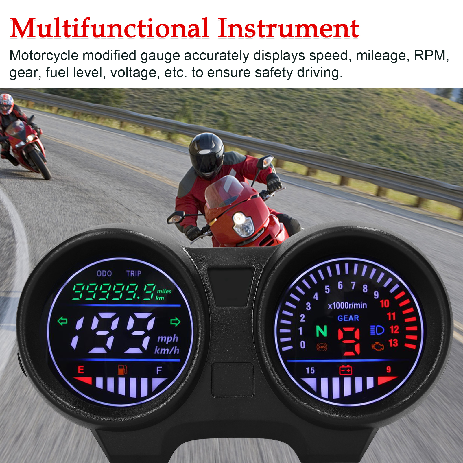 Led-tachometer Für Motorräder, Kilometerzähler, 13.000 U/min, 199 Km/h, Elektrischer Drehzahlmesser, Tankanzeige, 12-v-voltmeter, Ganganzeige, Warnleuchte Und Blinkalarm.