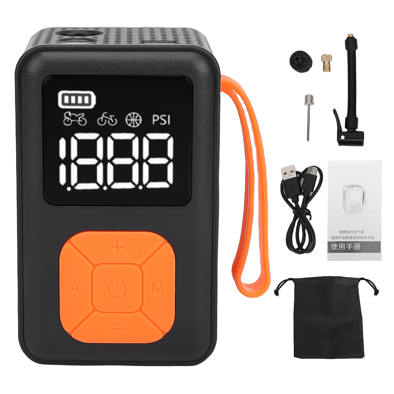 Digitaler Reifenfüller Mit Druckanzeige Und Led-licht Für Auto, Fahrrad, Motorrad, Bälle, Wiederaufladbarer 1600-mah-akku, Schwarz