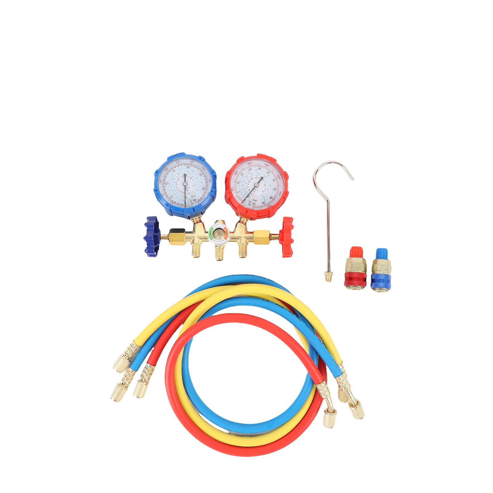 Manometer Für Kfz-klimaanlagen, Kompatibel Mit Den Kältemitteln R134a, R12, R22 Und R502, Inklusive Schläuchen Und Schnellkupplungen.