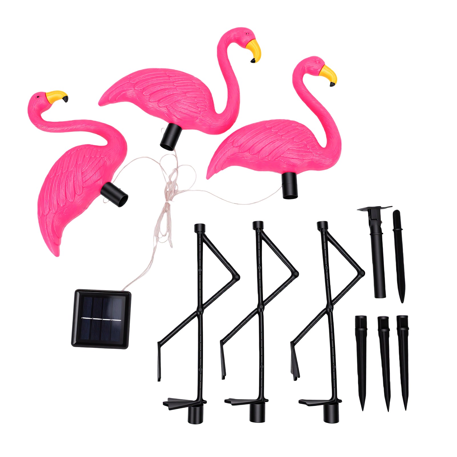 Set Mit 3 Dekorativen Solar-flamingo-leuchten Für Den Außenbereich, Regensicher, Zum Aufstecken Auf Einen Erdspieß, Für Garten, Rasen, Einfahrt Oder Terrasse.