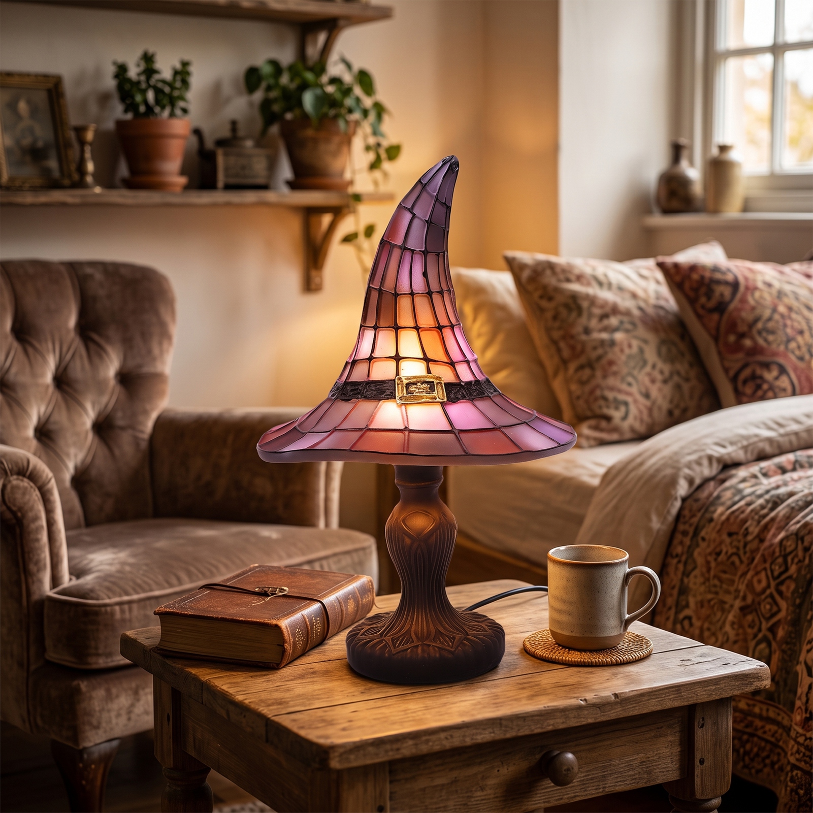 Retro-tischlampe Aus Kunstharz Mit Usb-anschluss In Form Eines Hexenhuts, Ideal Zur Inneneinrichtung Eines Schlaf- Oder Wohnzimmers.