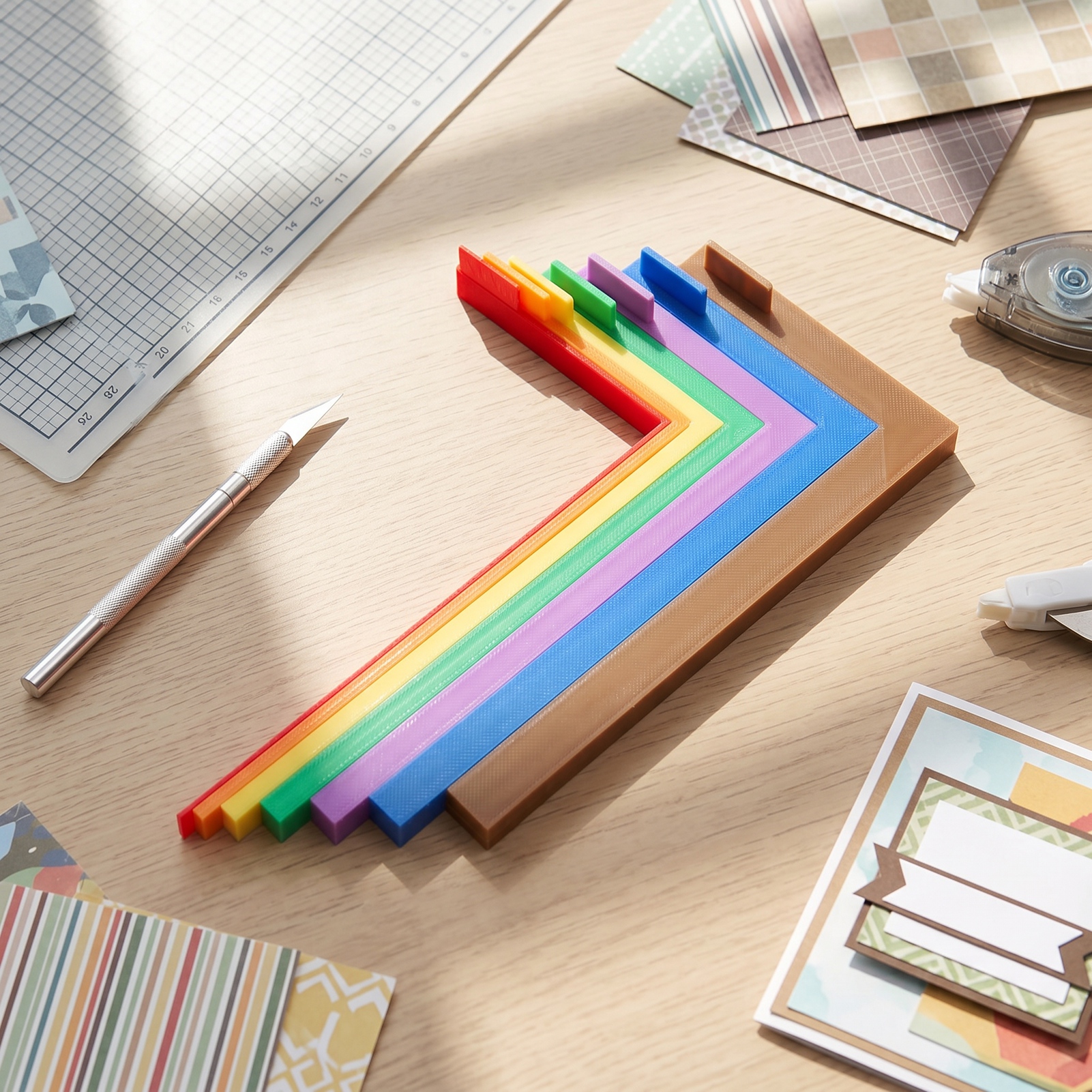 Set Mit 7 Ausrichtungshilfen Für Bastelarbeiten, Inklusive Aufbewahrungsetui. Farbcodierte Keile Zum Übereinanderlegen Und Befestigen Für Kartenherstellung Und Scrapbooking.