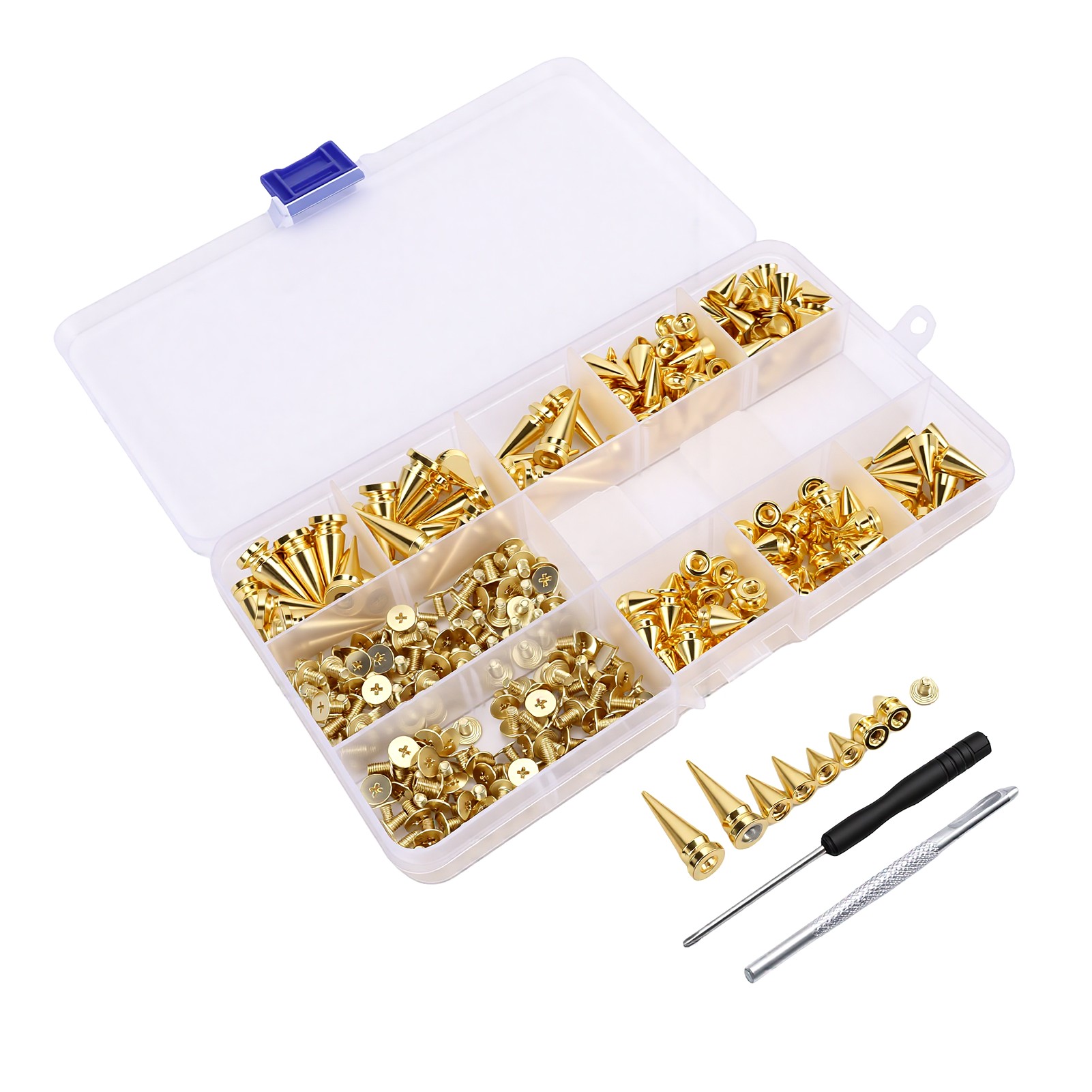 Packung Mit 180 Nieten, 4 Größen, Punk-stil, Kegel- Und Pyramidenform, Für Jacken, Schuhe Und Taschen, Hellgoldene Farbe.