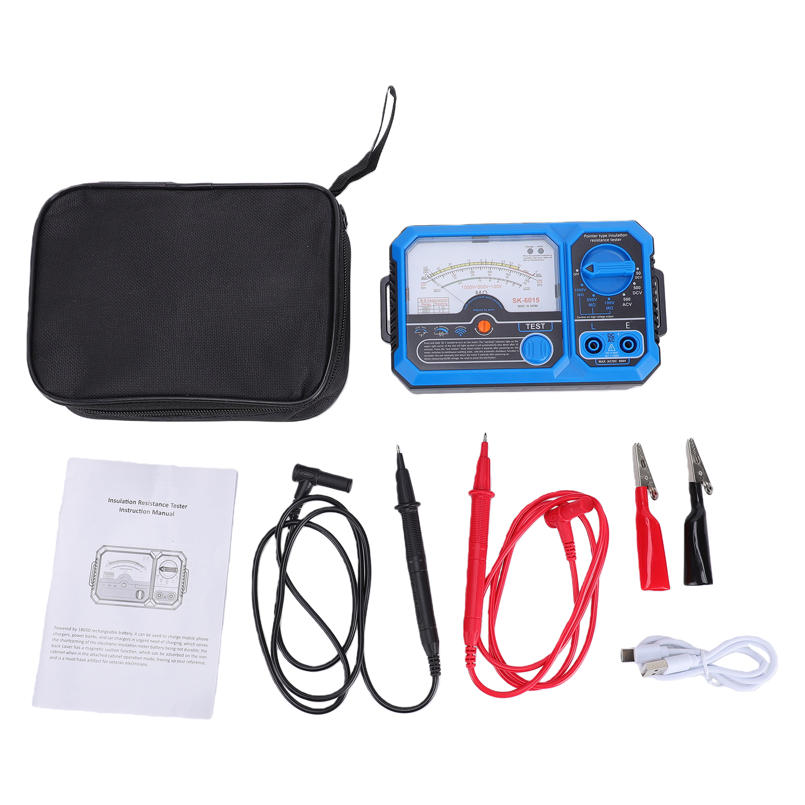 Nadelisolationswiderstandsmessgerät, Analoges Multimeter Mit 1000 V, 500 V Und 100 V Prüfspannungen, Usb-c-ladefunktion, Großes, Hintergrundbeleuchtetes Zifferblatt, Niederspannungsalarm Für Elektrisc