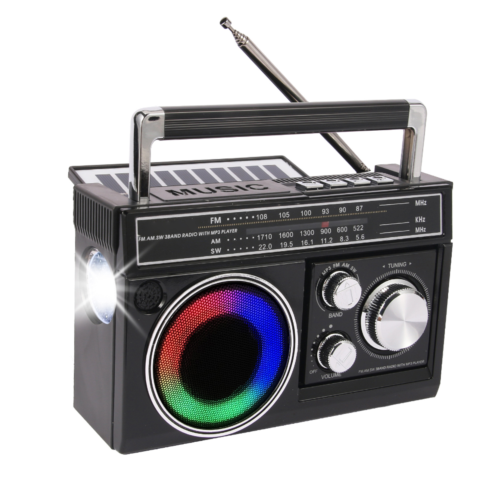 Tragbarer 5-watt-stereo-bluetooth-lautsprecher, Solar-/akku-/usb-stromversorgung, Led-taschenlampe, Fm/am/sw-radio, Für Den Außenbereich Geeignet, Schwarz