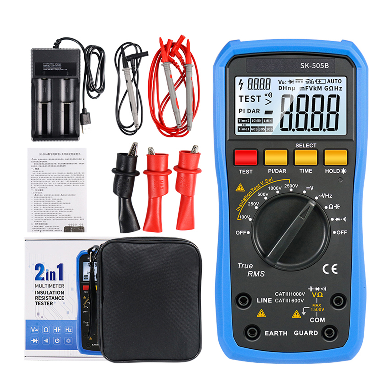 Digitales Multimeter 2500 V, Megohmmeter, Voltmeter, Isolationsprüfer (50 Gω), Ac/dc-widerstandsmesser, Automatische Bereichswahl, Hintergrundbeleuchtung, Akku, Für Elektriker Und Kfz-mechaniker Sk-50