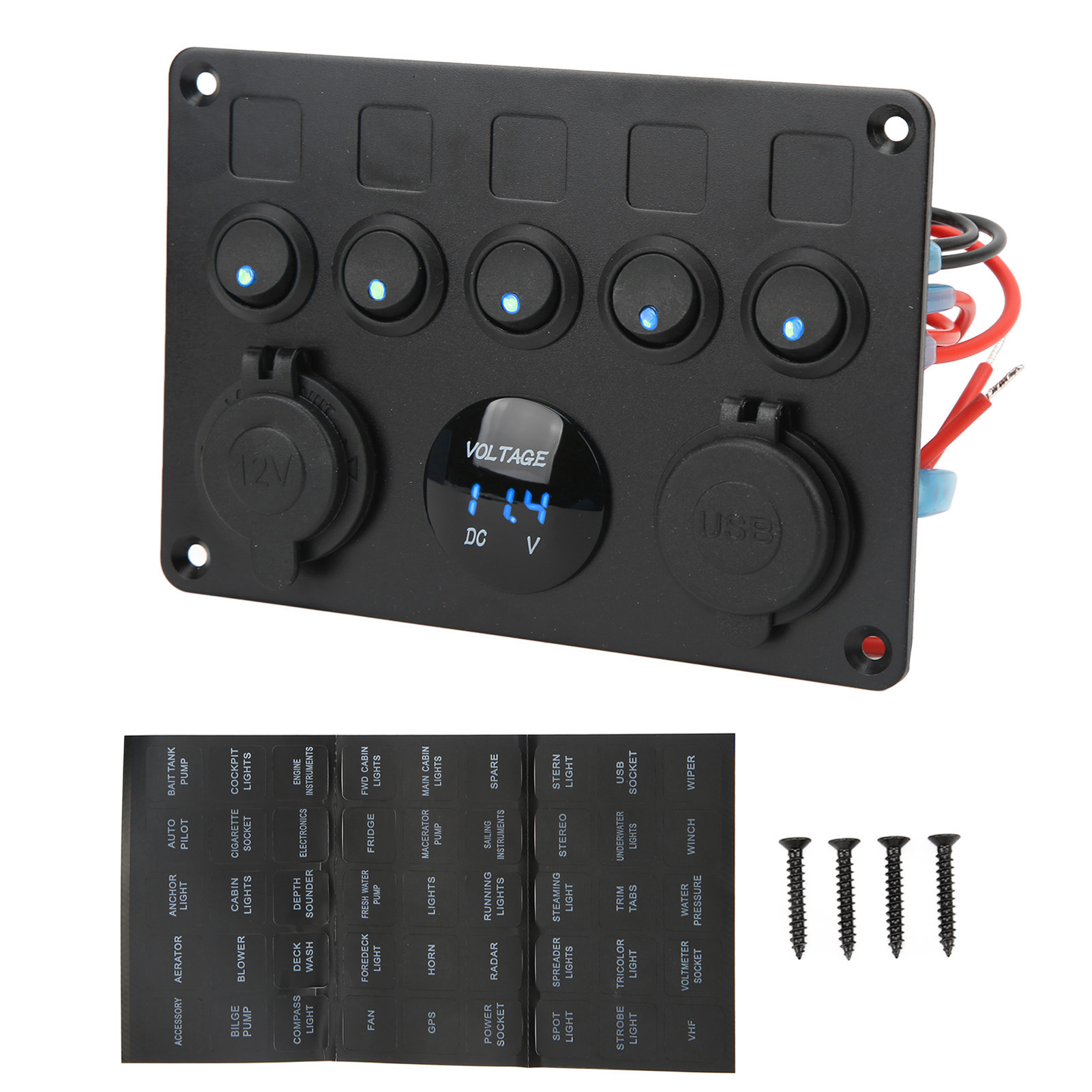 Wasserdichtes 5-schalter-bedienfeld (12-24v) Mit Hintergrundbeleuchtetem Digitalvoltmeter Und Led (blau) Für Boote, Wohnmobile, Anhänger Und Lkws.
