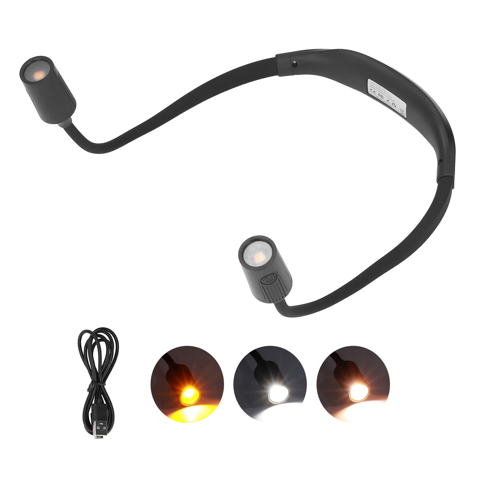 Wiederaufladbare Led-nackenleselampe Mit Usb-c-anschluss, 4 Leds Und 3 Lichtquellen Zum Laufen Und Campen Bei Nacht.