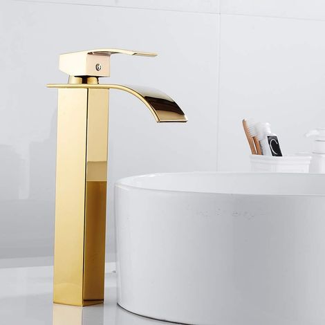 Waschbeckenarmatur Mit Wasserfallauslauf, Hohe Chrom-armatur Mit Warm- Und Kaltwasserzufuhr Aus Messing (gold)