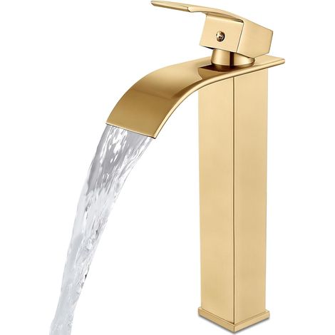 Wasserhahn Für Wohnwagen-waschbecken, Kaskaden-auslauf, Einhebelmischer, 1-loch-montage, Mit Brauseschlauch, Hochkörper, Gebürstetes Gold