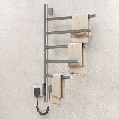 Elektrischer Handtuchhalter Mit 5 Drehbaren, Beheizbaren Handtuchstangen (180°), 80w, 42 X 66cm, Wandmontage (45-70°c), Timer, Led-anzeige, Mattgrau
