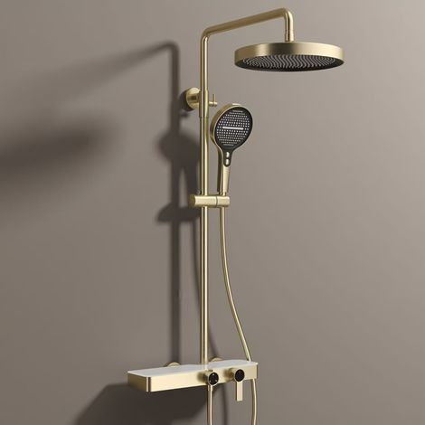 Großes Duschset Mit Kaskadenauslass, Ablagetablar Für Die Dusche, Warm- Und Kaltwasserseitig Aus Messing, Gebürstetes Gold, Für Das Badezimmer Zu Hause
