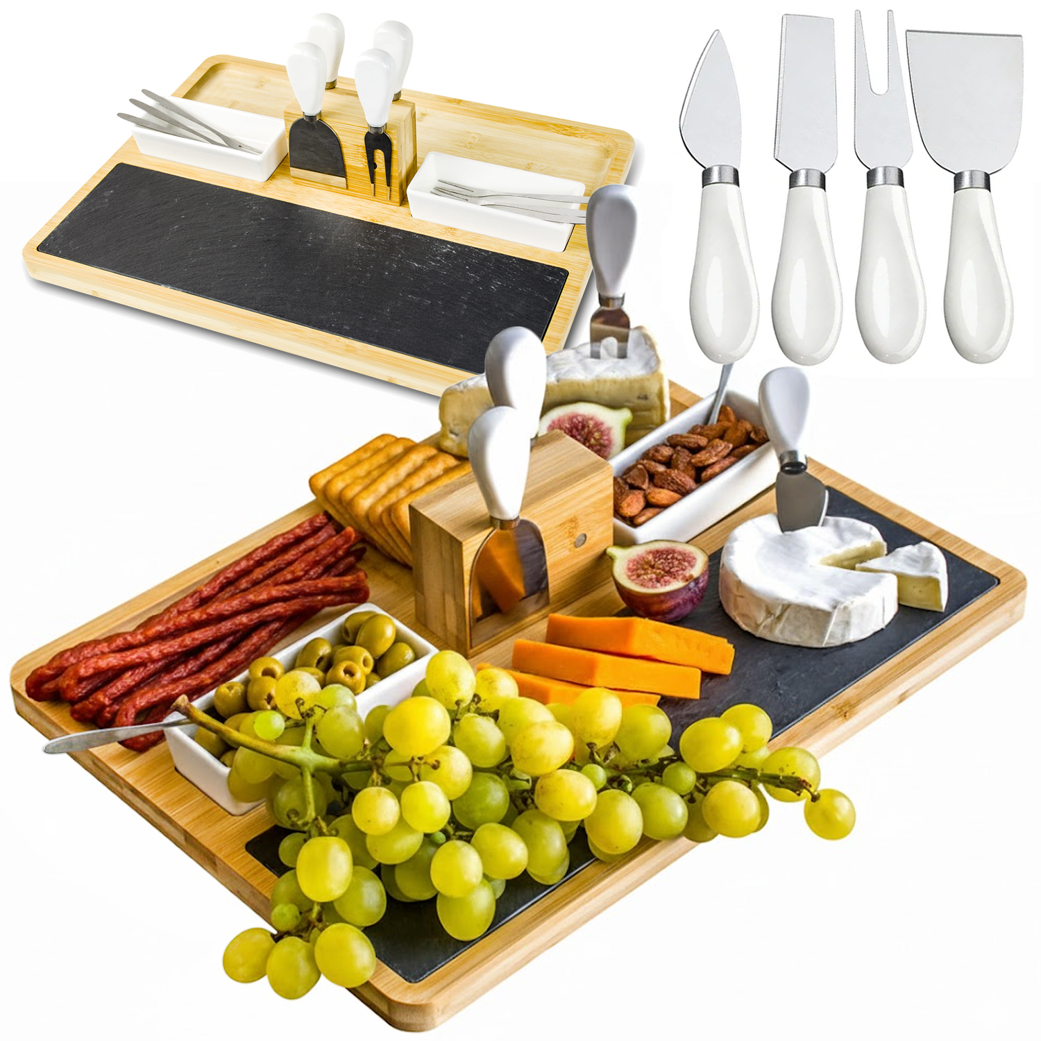 Ein Brett Zum Servieren Von Käse, Aufschnitt, Vorspeisen, Messern, Ein Bambustablett, Snacks