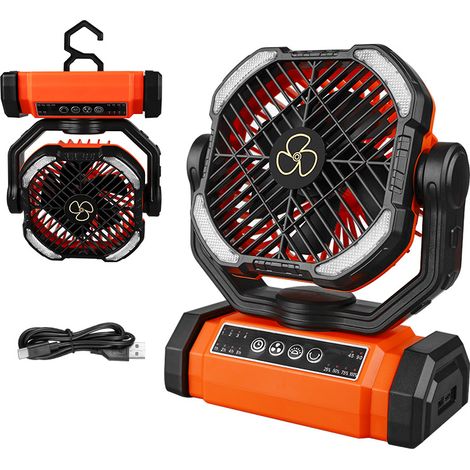 Tragbarer Akku-ventilator, Schwenkbarer Camping-ventilator Mit 90° Oszillation, Großer Batteriebetriebener Ventilator Mit 270° Drehung, Kabelloser Ventilator Mit 4 Geschwindigkeiten, Led-laterne Und H