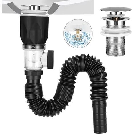 Kit Für Waschbeckenablauf, Siphon Für Waschbecken Mit Pop-up-abflussstopfen, Filter Und Flexiblem Ablaufschlauch, Ausziehbar 300–1000 Mm, Für Bad Und Küche, Geruchssicher Und Insektenschutz