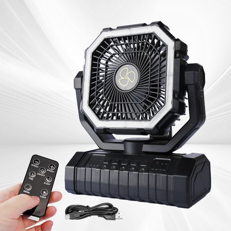 Camping-usb-ventilator Mit 20.000 Mah Und Led-licht, Wiederaufladbarer Tragbarer Tisch-/zeltventilator Mit Fernbedienung Und Haken, 270° Kopfrotation Für Sturm Bei Angelausflug Oder Stromausfall, Schw