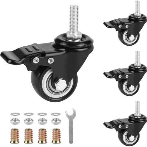 4er-set M8×25mm Rollen Mit Bremse, 40 Mm Rollen Mit Bremse, Schwenkbare Rollen Mit Bremse, Möbelrollen, Gewinderollen, Tragfähigkeit Von 50 Kg Pro Rolle