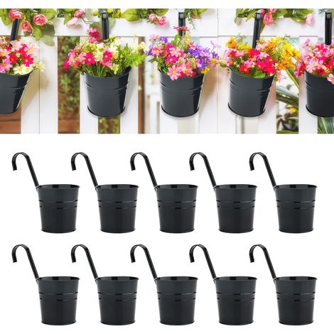 10 Stück Hängende Blumenkübel Aus Metall, 16 Cm, Blumentopf Zum Aufhängen Aus Metall Für Innen- Und Außenbereich, Balkon, Zaun – Mit Abnehmbaren Haken – Schwarz
