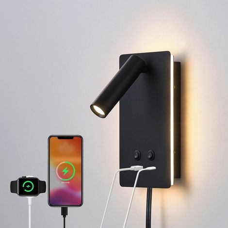 Led-wandlampe, Leselampe Mit Usb-c- Und Usb-a-anschluss, Nachttischlampe Am Kopfteil Mit 9 W + 3 W Nachtlicht In 3000 K (schwarz)