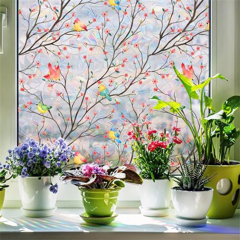 Dekorative Fensterfolie, Frühlingsvögel Und Blumen Muster, Doppelseitiger Statischer Aufkleber Für Fenster, Haus, Büro, Wohnzimmer, Fenster, Tür, Dekoration 120 X 40 Cm