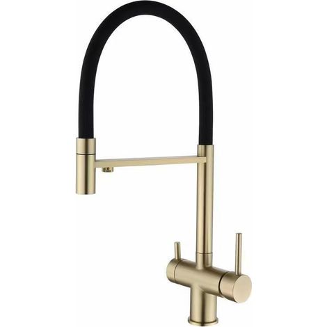 Küchenarmatur Aus Messing Mit Wasserfilter, Trinkwasser-filterarmatur Mit Doppel-auslauf, 360-grad-drehung, Spülarmatur (gebürstetes Gold)