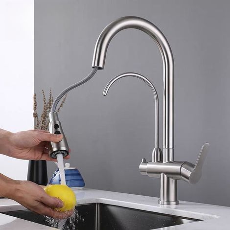 Ausziehbarer Küchenwasserhahn Mit 3 Wegen, Doppeltem Griff, 360° Drehbar, Für Kaltes Und Warmes Wasser, Silberfarben