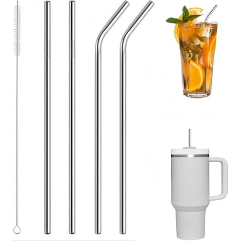 4-teiliges Edelstahl-trinkhalm-set Mit 1 Reinigungsbürste, Wiederverwendbare Metallstrohhalme Für Cocktails, Milkshakes, Eiskaffee Und Tee (31 Cm)