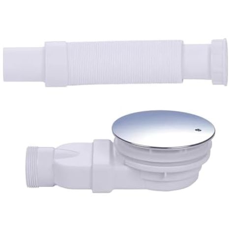 Chromierte Duschrinne Mit Extra Flachem Siphon Und 90 Mm Ablauf, Seitlicher Abfluss-siphon Mit Geruchsschutzsystem, Haarsieb, Flexiblem Schlauch Und Chromfarbener Abdeckung, Weiß, Ein Stück