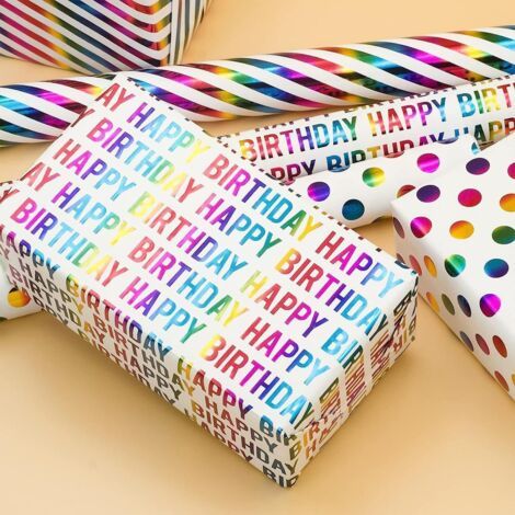 3 Rollen Geschenkpapier Bunt 43 Cm X 3 M, Mehrfarbiges Geschenkpapier (mit Punkten/diagonalen/alles Gute Zum Geburtstag)