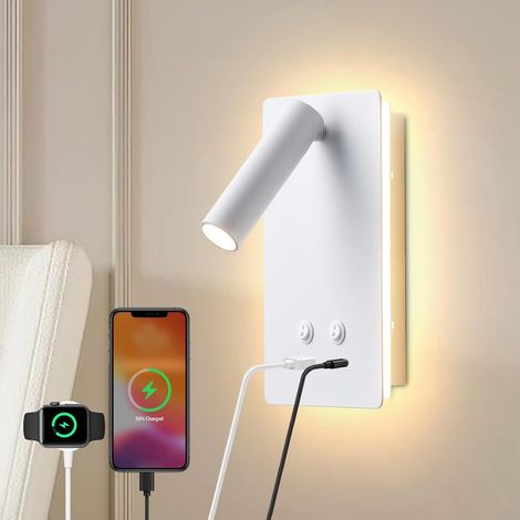 Wandlampe Led Leselampe Mit Usb-c + A Anschluss, Nachttischlampe Am Kopfteil Mit Nachtlicht 9 W + 3 W 3000 K (weiß)
