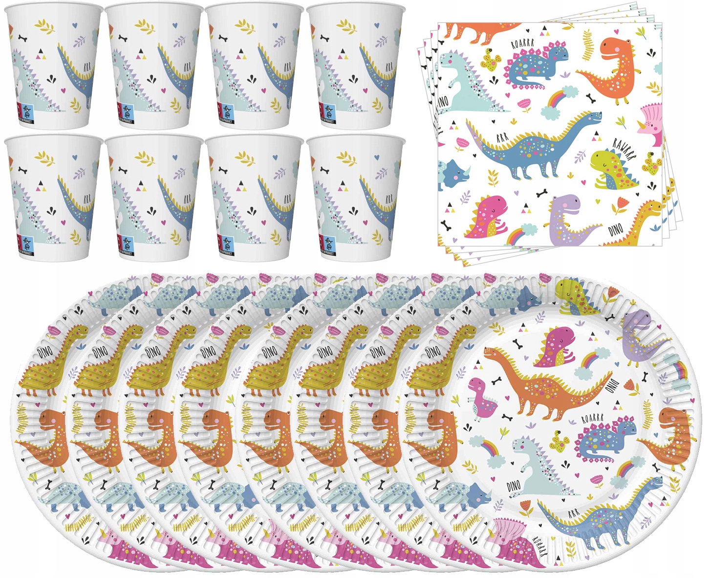 Set Aus Tellern, Tassen, Servietten Und Dinosaurierfiguren