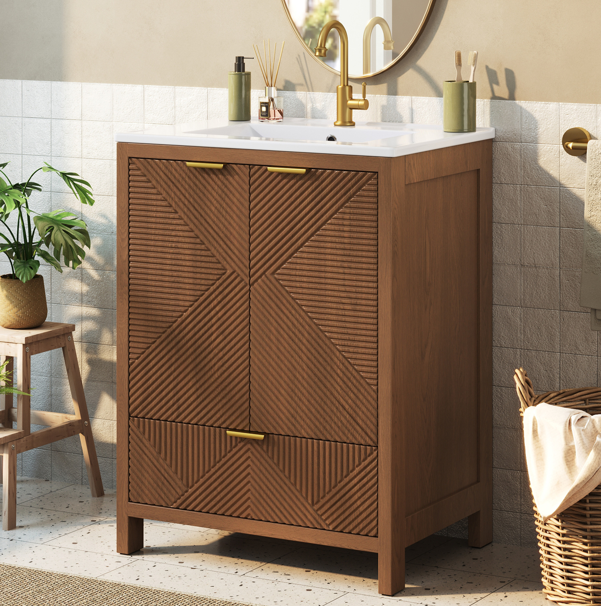 Freistehendes Badmöbel 61 Cm Mit Keramikwaschbecken, Wellenstruktur, Soft-close, Nussbaum