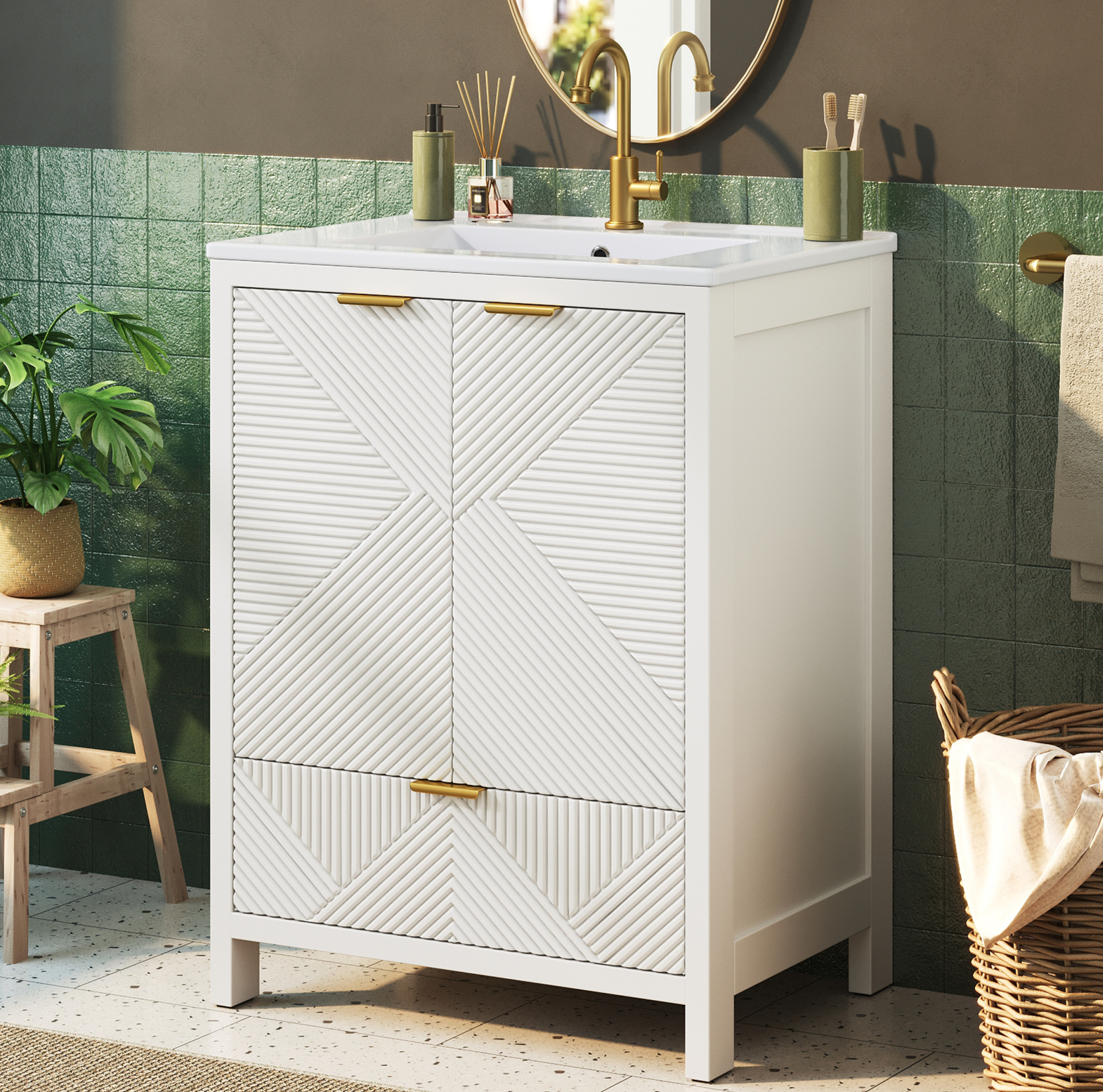 Freistehender Badschrank 61 Cm Mit Keramikwaschbecken, Wellenoptik, Soft-close, Weiß