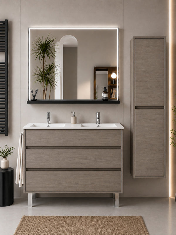 Badmöbel Mit Waschbecken Origenbath Imperia Ohne Spiegel 120x45 Cm Doppelwaschbecken Smoky-eiche Mit Säule