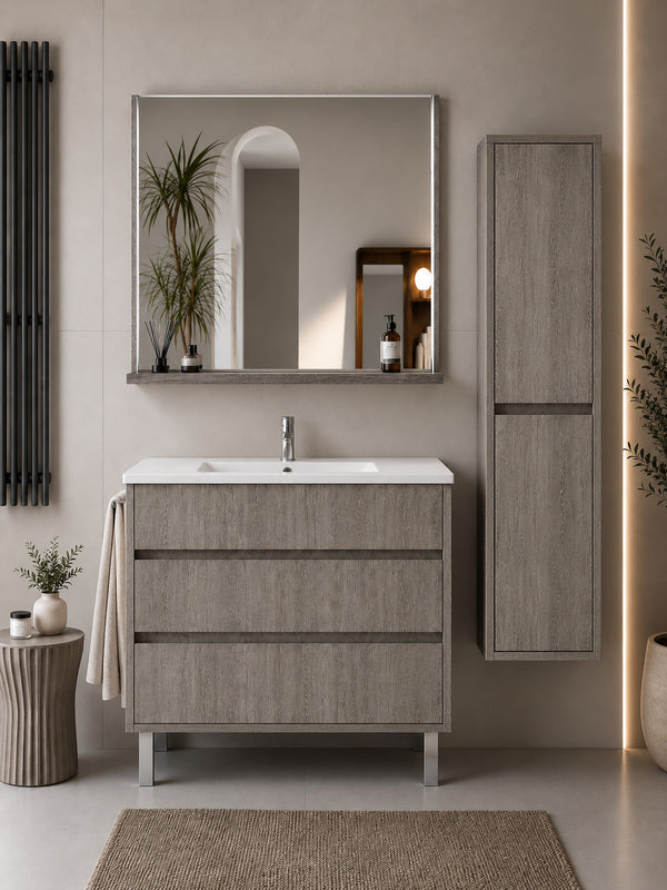 Badmöbel Mit Waschbecken Origenbath Imperia Ohne Spiegel 70x45 Cm Smoky-eiche Mit Säule