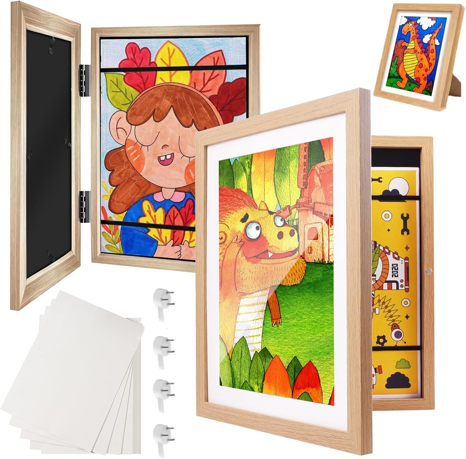 2er-set Kinder-zeichenrahmen Mit Austauschbaren A4-holzbildern Und 20 Papierblöcken, Kapazität Für 100 Kunstwerke