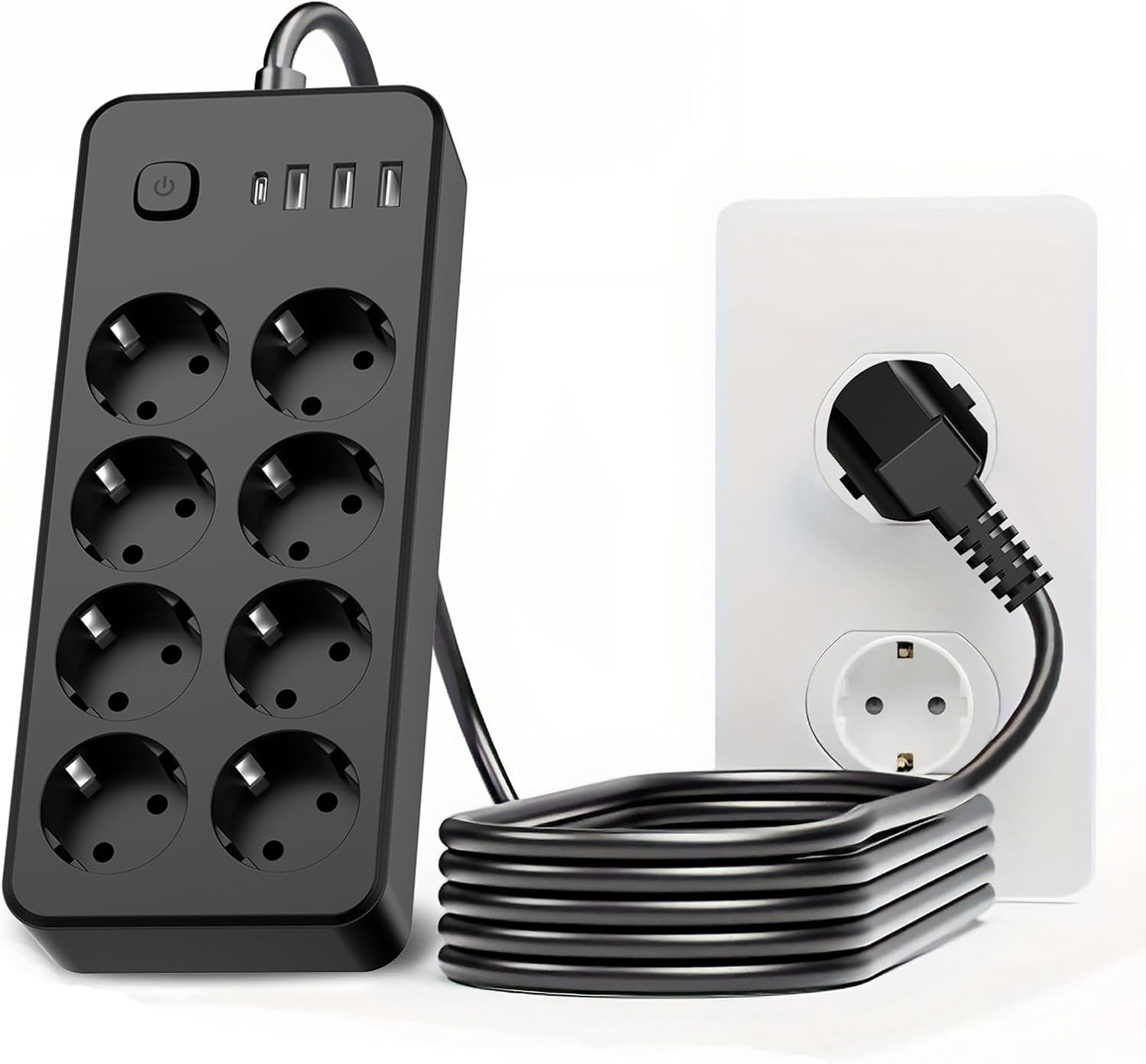 12-fach Steckdosenleiste Mit 2 Usb-c-anschlüssen, 4 Usb-a-anschlüssen (5 V 2,4 A), Überspannungsschutz Mit Schalter, 1,8 M Kabel Für Smartphones Und Tablets - Schwarz (8 Ac + 3 U + 1 C)